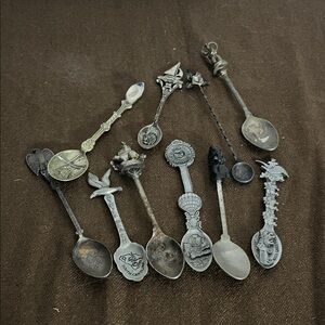 😄Collectors spoons pewter silver eagle beaver totem vintage patina 10 bundle